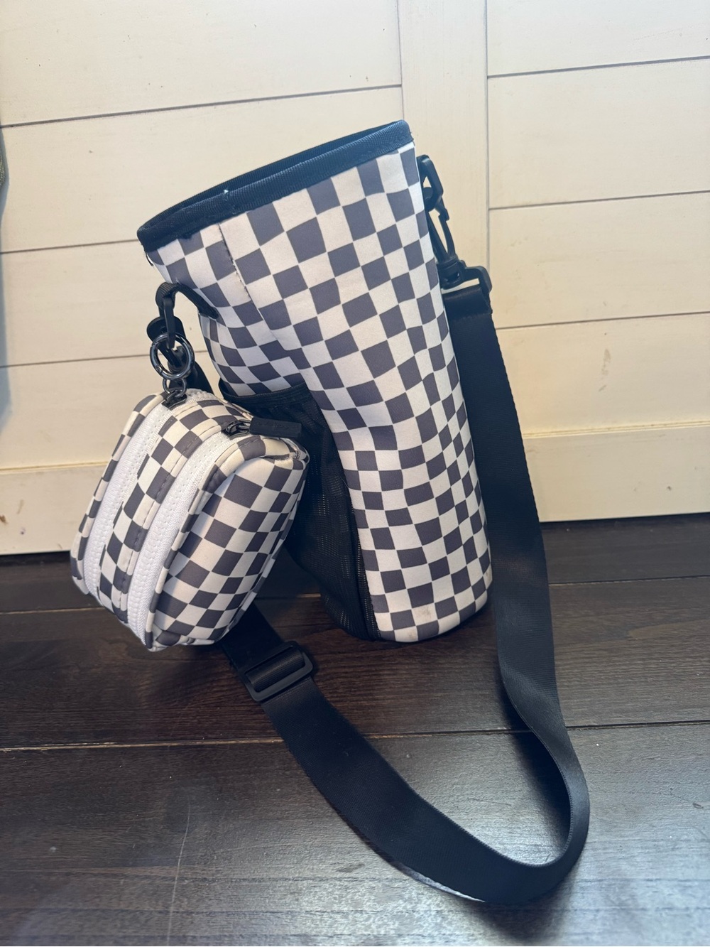 RadRev Checkered Crossbody Bottle Bag with Micro Clip Pouch - Grey & White
